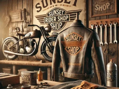 DALL·E 2025-01-15 14.40.22 - A vintage-style digital artwork for a motorcycle contest background, prominently featuring 'SUNSET RIDER SHOP'. The scene includes a leather jacket an