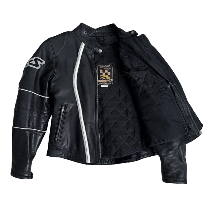 Blouson moto Helstons femme en cuir taille M, protections CE, style rétro, doublure amovible, bon état.