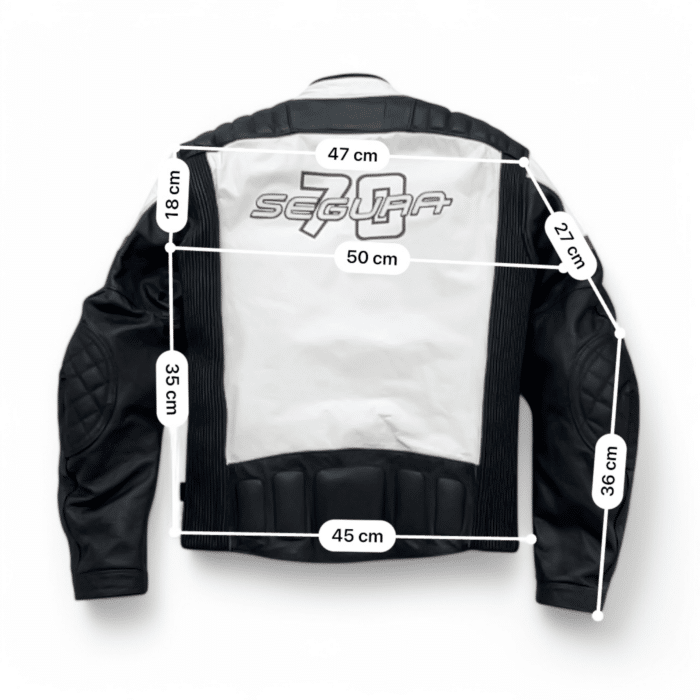 Mesures et guide des tailles en cm Blouson cuir vintage Segura 70 Castrol S Femme – Seconde main – Très bon état
